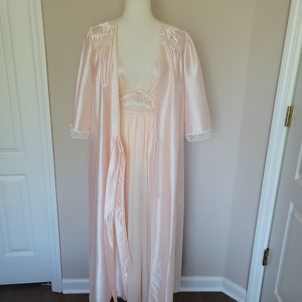Vintage Lorraine Babydoll Nightgown Peignoir Set Sz S Floral Applique Lace Robe